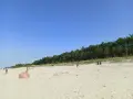 Słoneczny dzień na plaży w Karwi. Ludzie spacerują po piasku, w tle las.