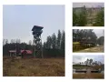 Wieża widokowa i małe budynki z czerwonymi dachami na tle lasu. W oddali widać fragmenty krajobrazu, mostek nad wodą i pomost. To miejsce przypomina akwedukt w Fojutowie.