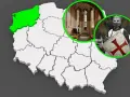 Mapa Polski z zaznaczonym Pomorzem Zachodnim, wnętrzem kościoła i rycerzem w zbroi. Odkryj zamki templariuszy w Polsce.