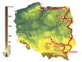 Mapa Polski z zaznaczoną trasą rowerową od Elbląga po Przemyśl. To najdłuższa ścieżka rowerowa w Polsce, łącząca malownicze miasta i krajobrazy.