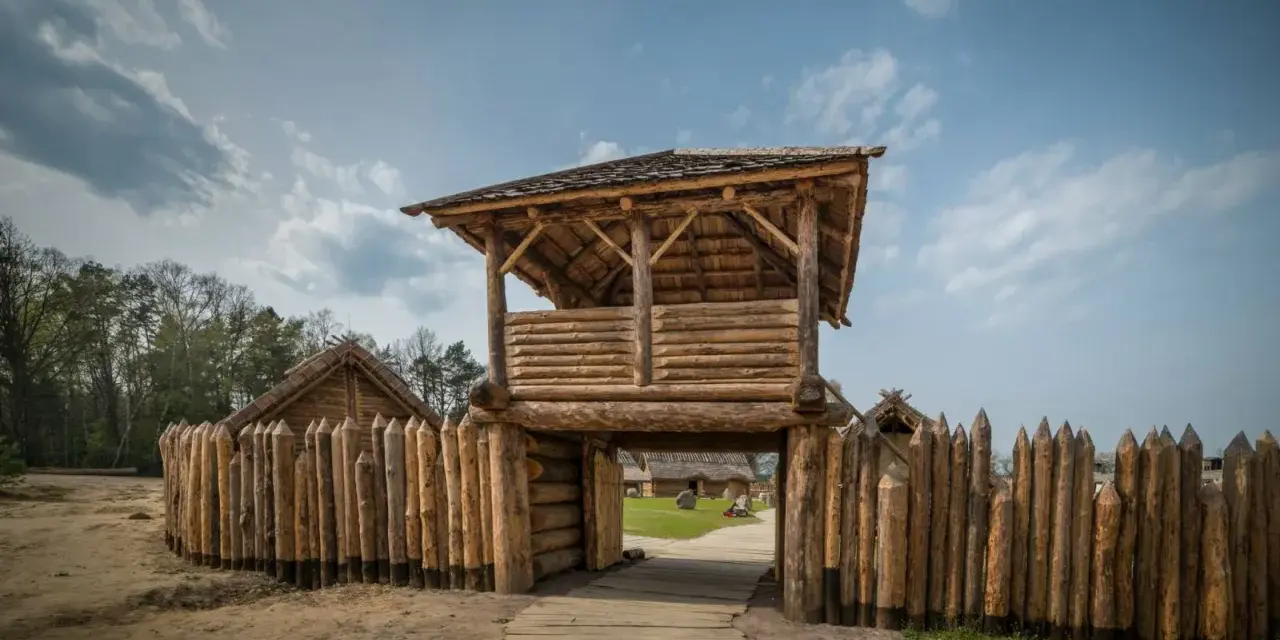 Drewniana wieża strażnicza i palisada w osadzie średniowiecznej Sławutowo.