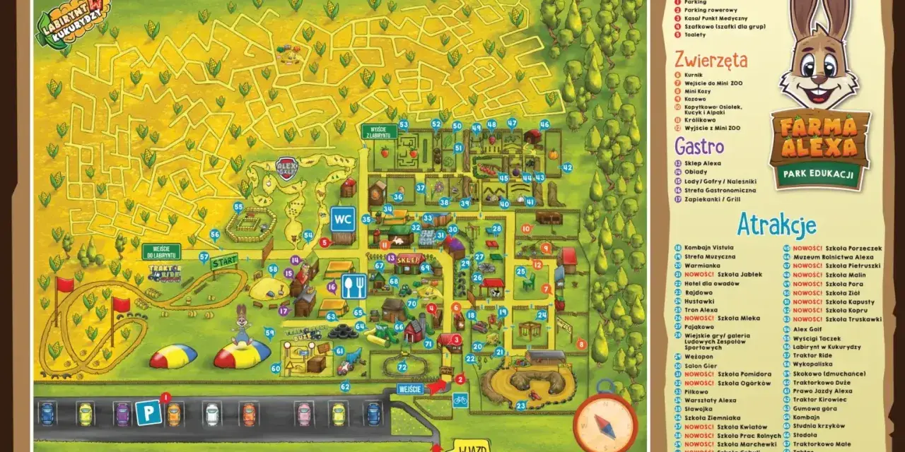 Mapa Farma Alexa z labiryntem kukurydzy, zwierzętami, atrakcjami i gastronomią.