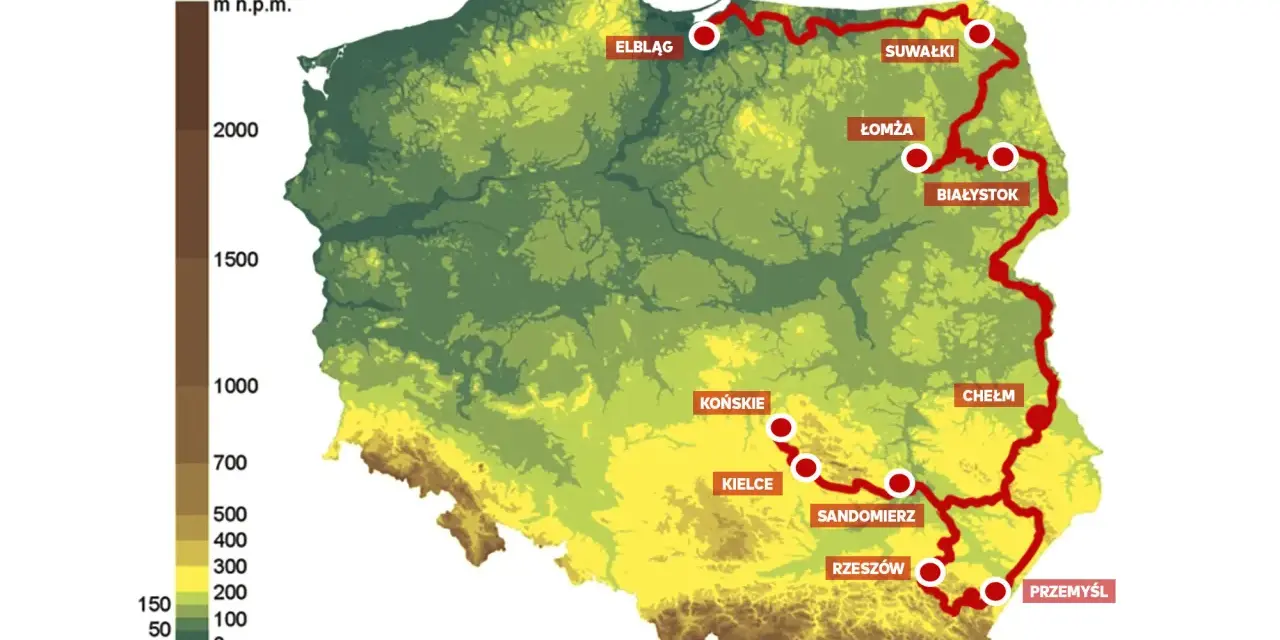 Mapa Polski z zaznaczoną trasą rowerową od Elbląga po Przemyśl. To najdłuższa ścieżka rowerowa w Polsce, łącząca malownicze miasta i krajobrazy.