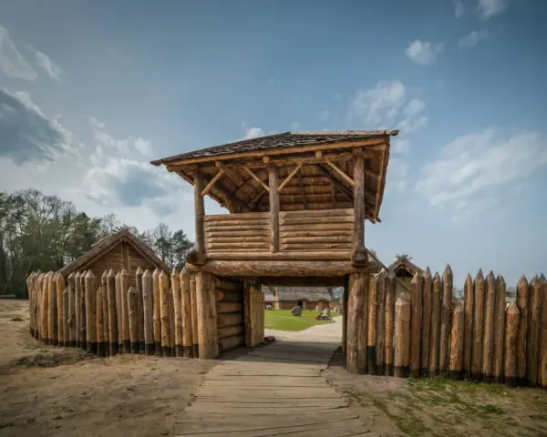 Drewniana wieża strażnicza i palisada w osadzie średniowiecznej Sławutowo.