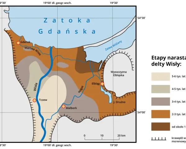 Mapa przedstawia etapy narastania delty Wisły, ukazując rozwój żuław gdańskich na przestrzeni tysięcy lat.