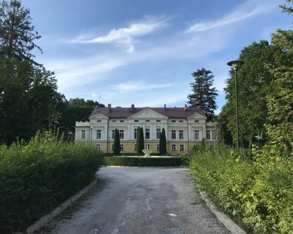 Pałac w Sasinie otoczony zielenią, z podjazdem i fontanną przed fasadą.