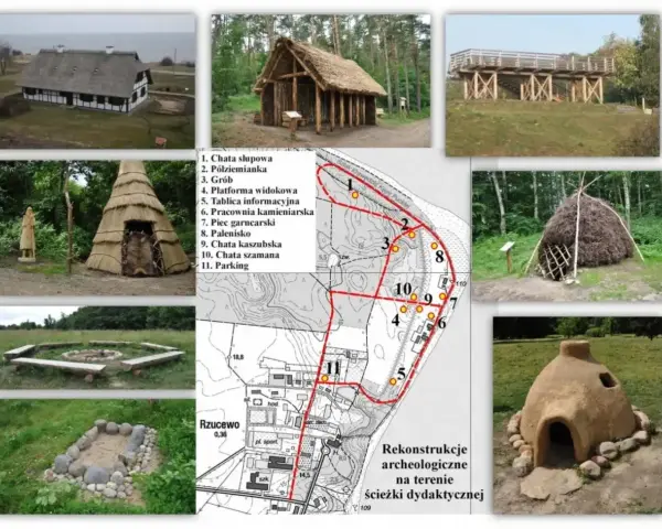 Rekonstrukcja osady łowców fok: chaty, palenisko, piec garncarski i platforma widokowa. Mapa terenu z zaznaczonymi obiektami.