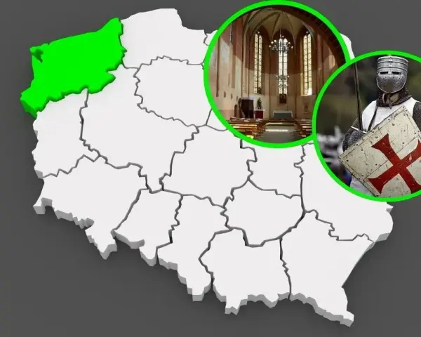 Mapa Polski z zaznaczonym Pomorzem Zachodnim, wnętrzem kościoła i rycerzem w zbroi. Odkryj zamki templariuszy w Polsce.