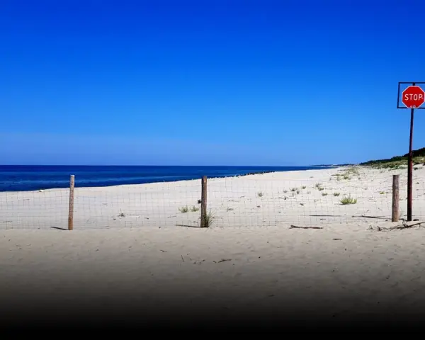 Plaża na mierzei wiślanej. Siatka i znak STOP wyznaczają granicę.