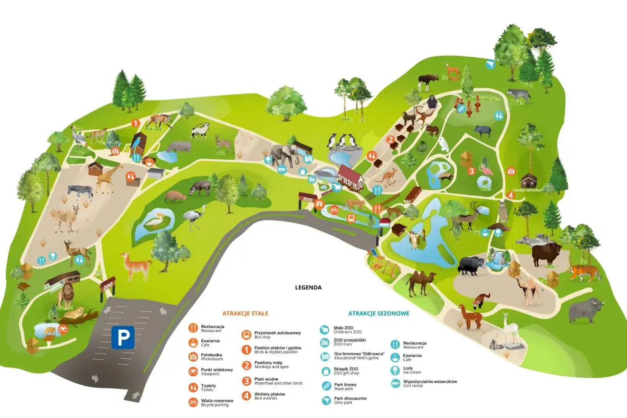 Mapa Parku Oliwskiego z zaznaczonymi zwierzętami, atrakcjami i infrastrukturą.