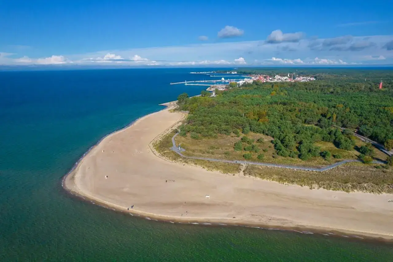 Piękny cypel na Helu z piaszczystą plażą, lasem sosnowym i widokiem na morze.