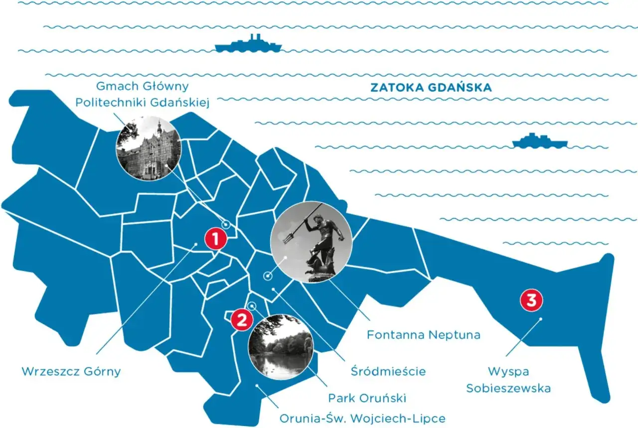 Mapa Gdańska z zaznaczonymi punktami na trasie gdański szlak wodociągowy: Politechnika, Fontanna Neptuna, Wyspa Sobieszewska.