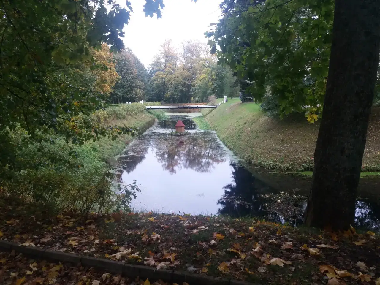 Jesienny widok na fosę i mostek przy zamku w Krokowej. Liście opadły na ziemię, a woda odbija drzewa.