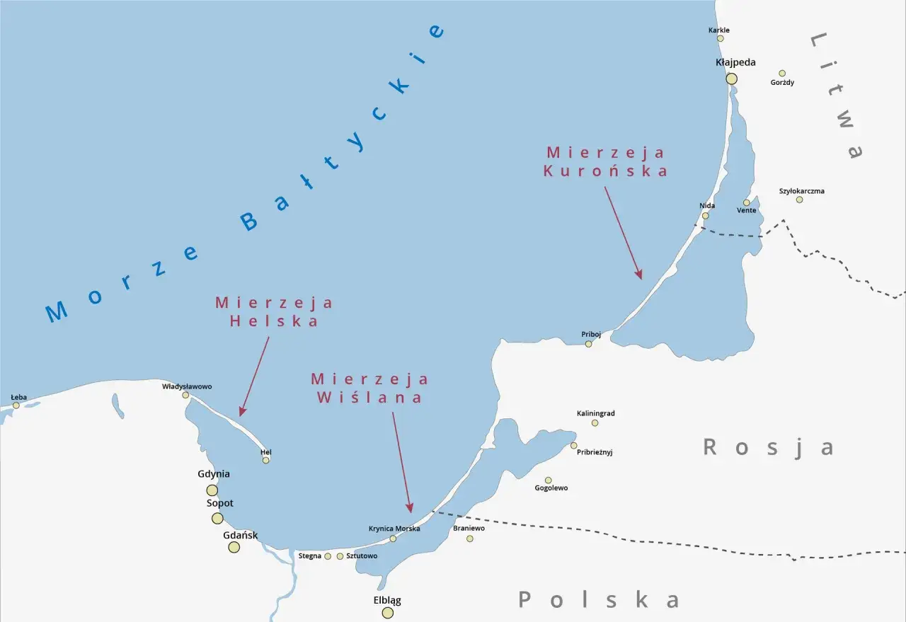 Mapa przedstawia miejscowości na Mierzei Wiślanej, Helskiej i Kurońskiej, w tym Gdańsk, Krynicę Morską, Kłajpedę i Kaliningrad.