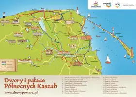 Mapa turystyczna prezentująca dwory i pałace na Kaszubach, z zaznaczonymi szlakami rowerowymi i pieszymi.
