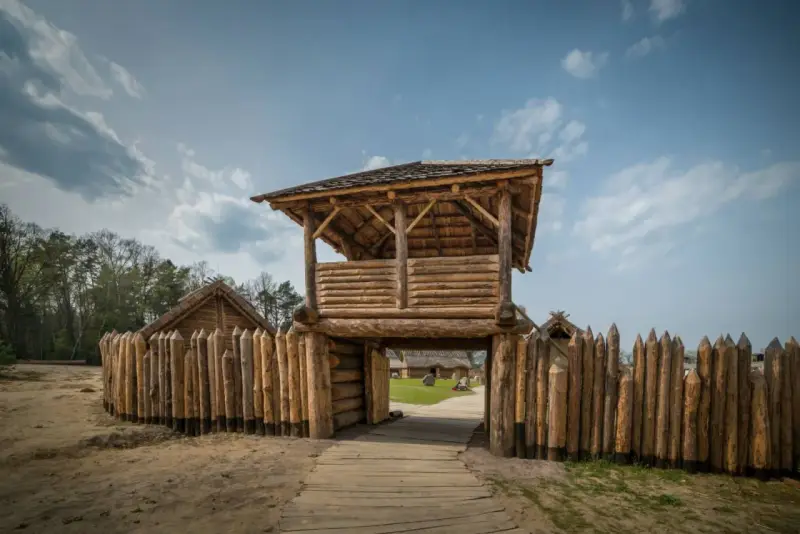 Drewniana wieża strażnicza i palisada w osadzie średniowiecznej Sławutowo.